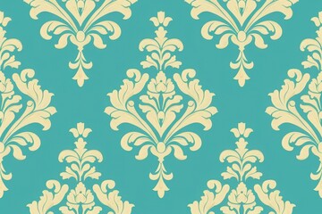 vintage Victorian floral wallpaper pattern in turquoise and gold, ideal for interior design and home decor themes.