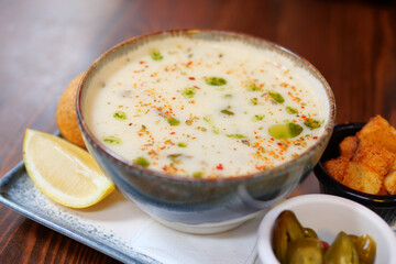  yogurt soup, traditional soup with chickpeas and mint.