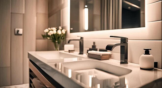 Elegant hotel bathroom interior with sink and vanity
