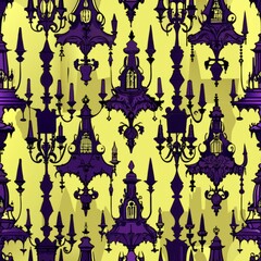 Seamless pattern of gothic chandeliers and candelabras, Generative AI