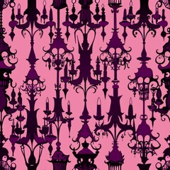 Seamless pattern of gothic chandeliers and candelabras, Generative AI