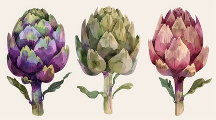 Obraz premium Beautiful watercolor illustration of three artichokes in different colors. Perfect for kitchen decor or botanical projects.