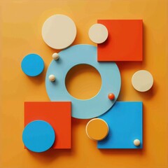 Colorful geometric abstract composition with circles and squares on an orange background, creating a playful modern art design.