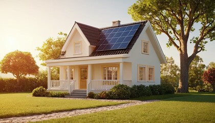 Fototapeta premium 3D modern house with sun panels energy on the roof Innovation sustainable green building Ecofriendly creative idea concept design