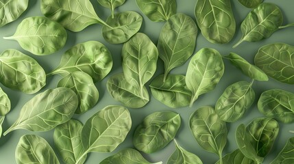 Fototapeta premium Fresh green spinach leaves arranged in a pattern on a light green background, perfect for health and nutrition illustrations.