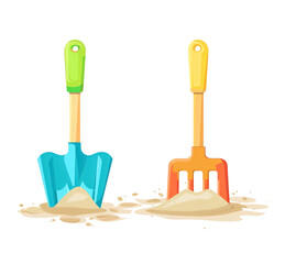 Colorful beach shovel and fork in sand. Perfect for children's playtime and beach activities under the bright sun. Ideal for fun summer days.