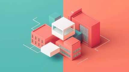 Fototapeta premium Modern abstract geometric model of urban architecture in contrasting coral and teal tones, illustrating futuristic building design.