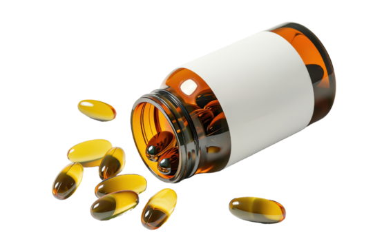 Open brown glass bottle with scattered yellow capsules on , representing health and dietary supplements.