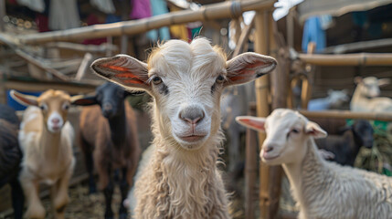 Obraz premium Farm animals in a livestock market for Eid al-Adha celebration. People gathering to buy and sell sheep, goats, and cattle for the traditional religious sacrifice.