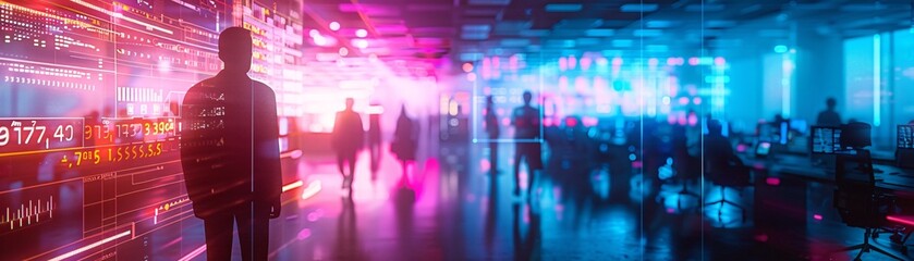 Fototapeta premium A neon cyberpunk office interior with an open space layout, where blurred employees are surrounded by digital financial data, symbolizing an advanced corporate finance strategy.