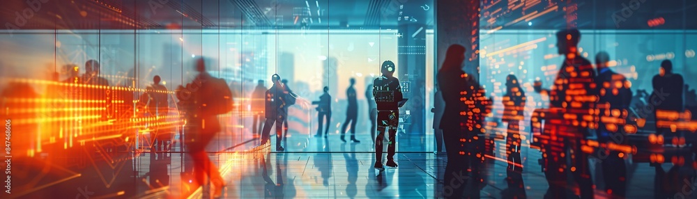 Poster a high-tech cyberpunk office with an open layout and neon lighting, featuring blurred workers and di