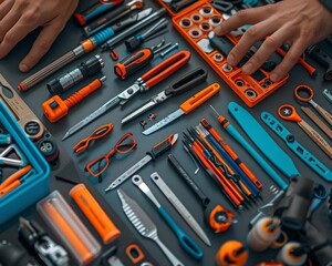 Top view of organized hand tools in a workshop. Various tools neatly arranged for easy access and use in repair, construction, and DIY projects.