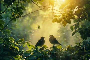 Two birds perched on branches in a lush, sunlit forest, surrounded by green leaves and a serene, glowing atmosphere.