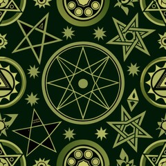 Seamless pattern of mystical pentagrams and alchemical symbols, Generative AI