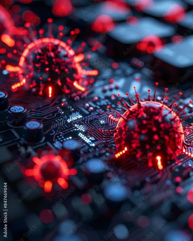 Poster abstract image depicting red virus particles on a computer motherboard, representing concepts of cyb