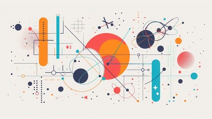 Obraz premium Abstract geometric colorful shapes, lines, circles, creating modern artistic composition neutral background.