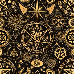 Seamless pattern of mystical pentagrams and alchemical symbols, Generative AI