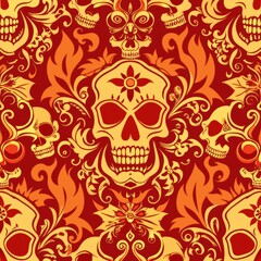 Fototapeta premium Seamless pattern of ornamental skulls and skeletal motifs, Generative AI