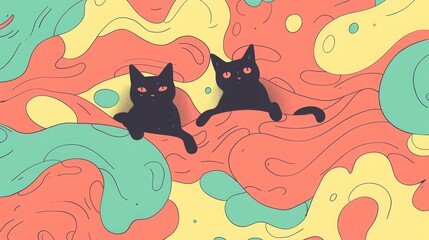 Two black cats lying back-to-back on a vibrant, psychedelic patterned background with flowing shapes and bold colors.