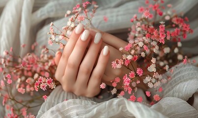 a woman's hand with white nails, gently clutching pink autumn flowers, set on a textured gray cloth backdrop