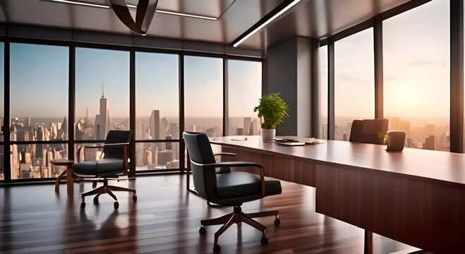 A office meeting room interior with table and large windows on urban background