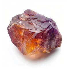 Fototapeta premium A vibrant raw gemstone with a mix of purple and orange hues on a white background, showcasing its natural beauty and intricate textures.