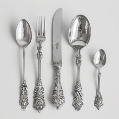 Elegant vintage silver cutlery set with intricate designs, including utensils like spoon, fork, knife, and ladle, displayed on a white background.