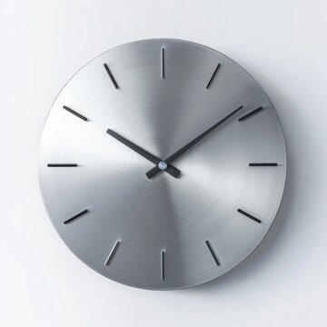 Modern minimalist silver wall clock against a white background, showcasing sleek design and contemporary style for home or office decor.