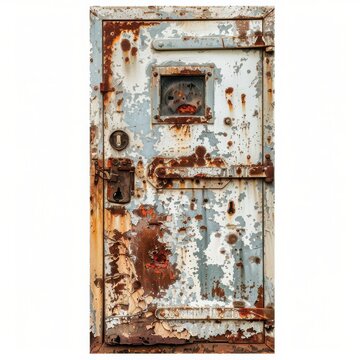 Old rusty metal door with a small window and lock, showing signs of decay and wear, perfect for vintage or abandoned themed projects.