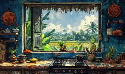 Naklejka premium a colorful Gauguin-inspired gouache painting capturing the essence of a Thai meal in a traditional kitchen, with a window offering a view of the Thai countryside