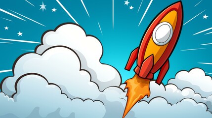 Engaging and colorful artwork showcasing a rocket with speech elements for marketing materials.