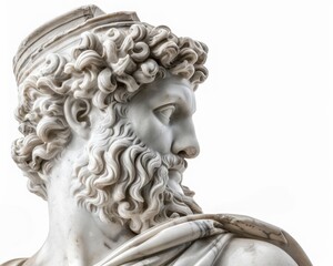 Obraz premium Close-up of a classical marble statue head depicting an ancient warrior with curly hair and a beard, showcasing intricate smanship.