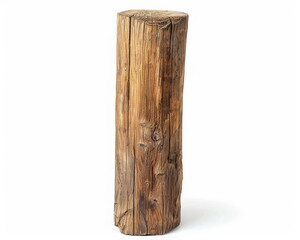 Close-up of a single wooden log with a rustic texture, isolated on a white background. Perfect for nature, construction, and craft concepts.