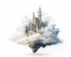 Fantasy floating castle in the clouds, dreamy and mystical, with a magical atmosphere. Perfect for imaginative and fairytale themes.