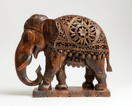 Intricate wooden elephant sculpture with detailed carvings, showcasing traditional craftsmanship and artistic design.