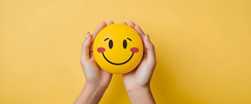 Woman holding a yellow smiley face emoji