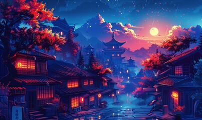 Obraz premium a retrowave illustration of a neon-lit utopian Japanese village during the night, featuring glowing cyberpunk aesthetics.