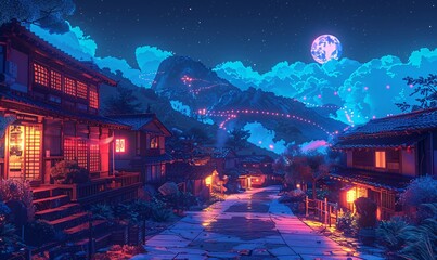 a cyberpunk artwork of a Japanese village at night in a utopian setting, depicted in bold neon colors typical of synthwave style.