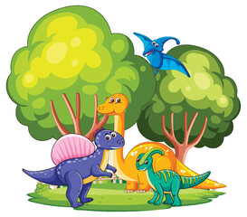 Colorful dinosaurs in a lush forest