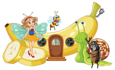 Fairy with insects near a banana house