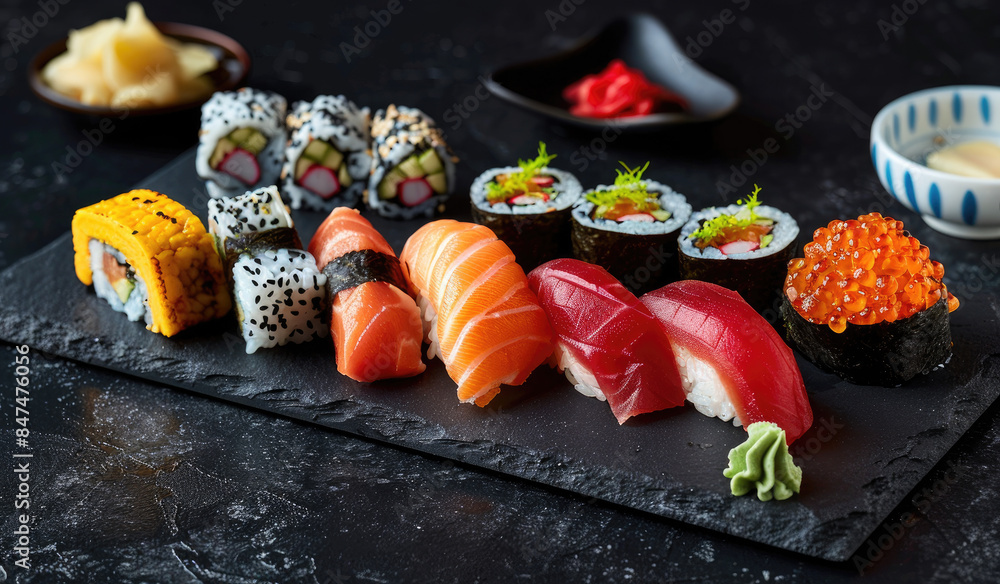 Wall mural sushi platter with various types of sushi and sashimi on a black slate plate against a dark backgrou - Wall murals
