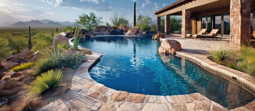 Backyard oasis featuring a pebble tech pool and travertine patio amidst a desert landscape.