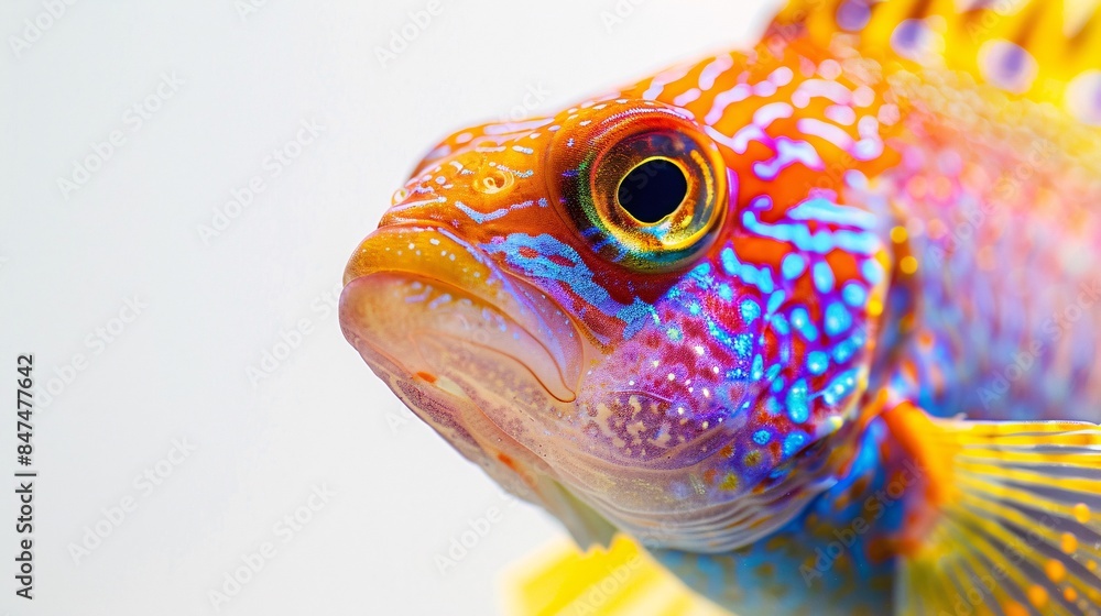 Poster a close-up portrait captures the inquisitive gaze of a colorful fish as it curiously looks into the 