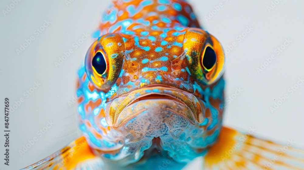 Poster a close-up portrait captures the inquisitive gaze of a colorful fish as it curiously looks into the 