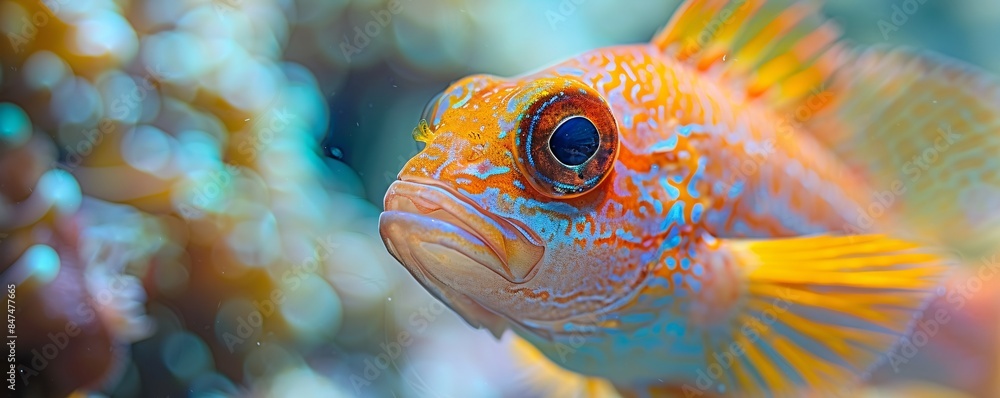 Poster against a pristine white backdrop, a vibrant fish peers curiously at the camera in a captivating clo