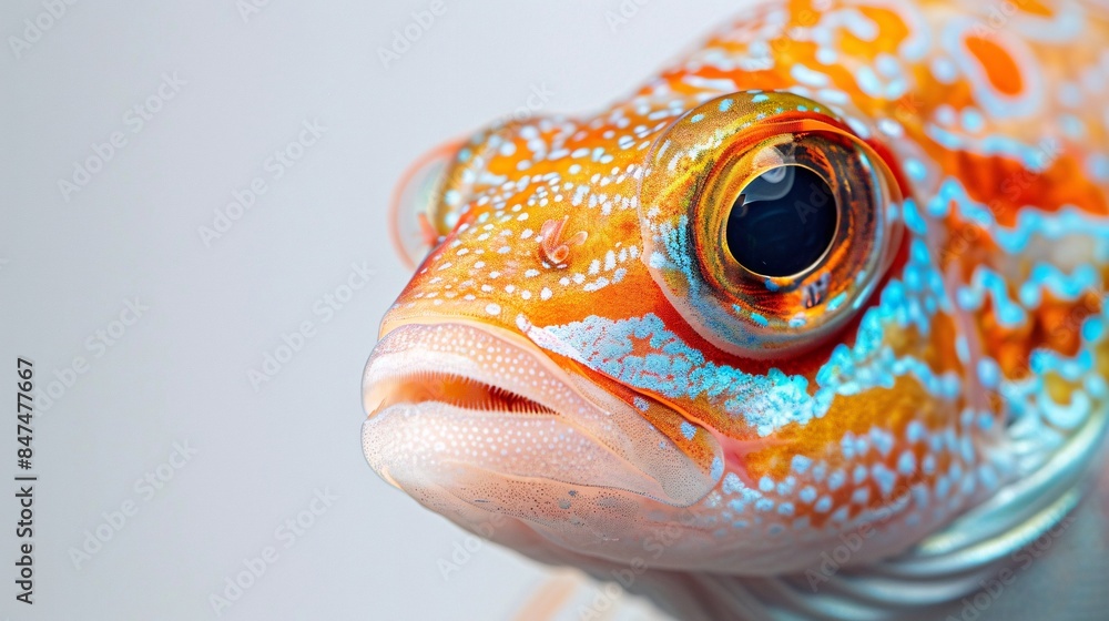 Poster a close-up portrait captures the inquisitive gaze of a colorful fish as it curiously looks into the 
