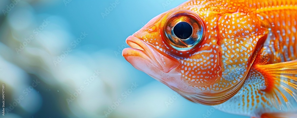 Poster against a pristine white backdrop, a vibrant fish peers curiously at the camera in a captivating clo