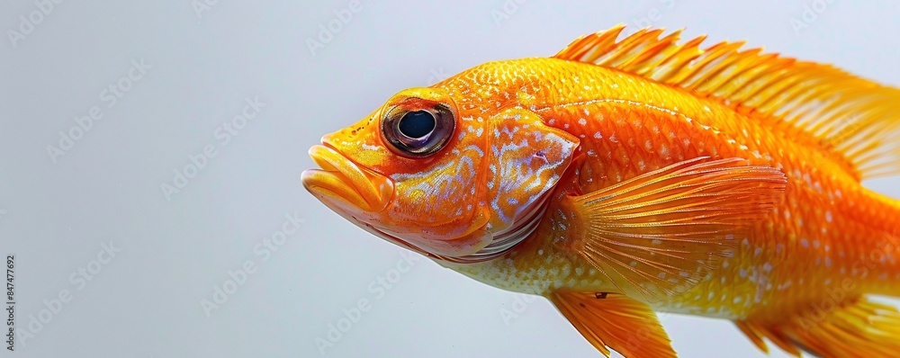 Poster Against a pristine white backdrop, a vibrant fish peers curiously at the camera in a captivating close-up portrait. The minimalist composition and generous copy space make this image ideal for a