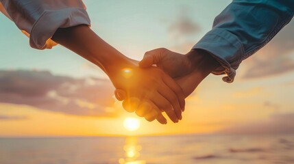 Two hands holding together against a beautiful sunset.