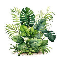 Obraz premium A vibrant watercolor illustration depicting a cluster of tropical plants with large, lush leaves, including Monstera deliciosa and palm fronds